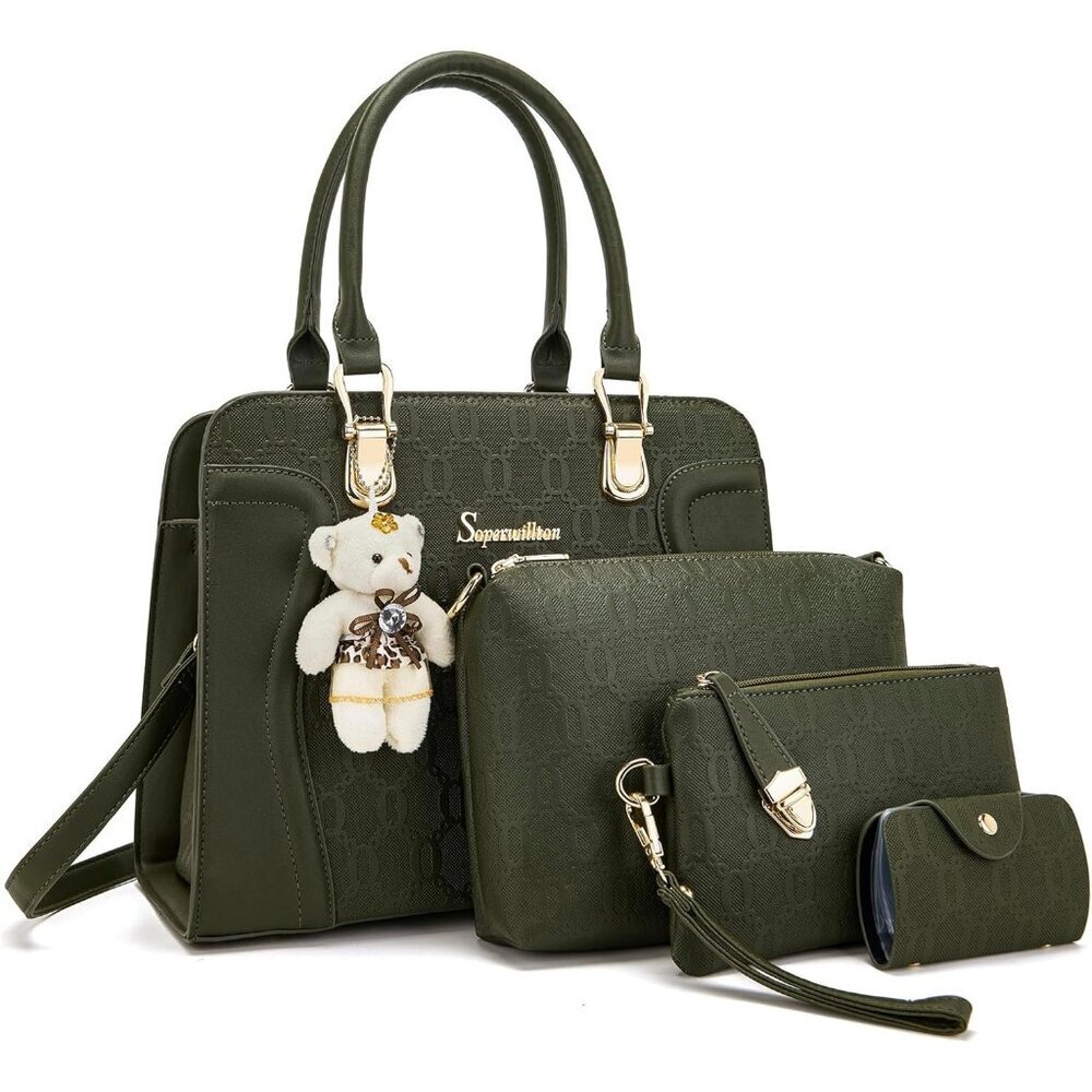 Women's Green Faux Leather Top Handle High Quality Smooth Zippers Tote Bag